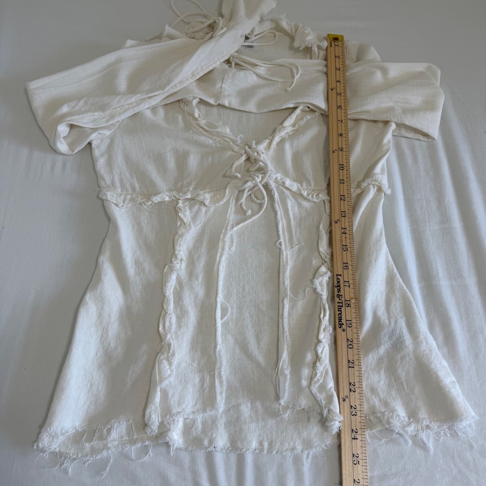 H&M Divided Ruffle Tie Front Linen Blend Blouse Size Small Cream Fairycore Boho - Picture 9 of 10